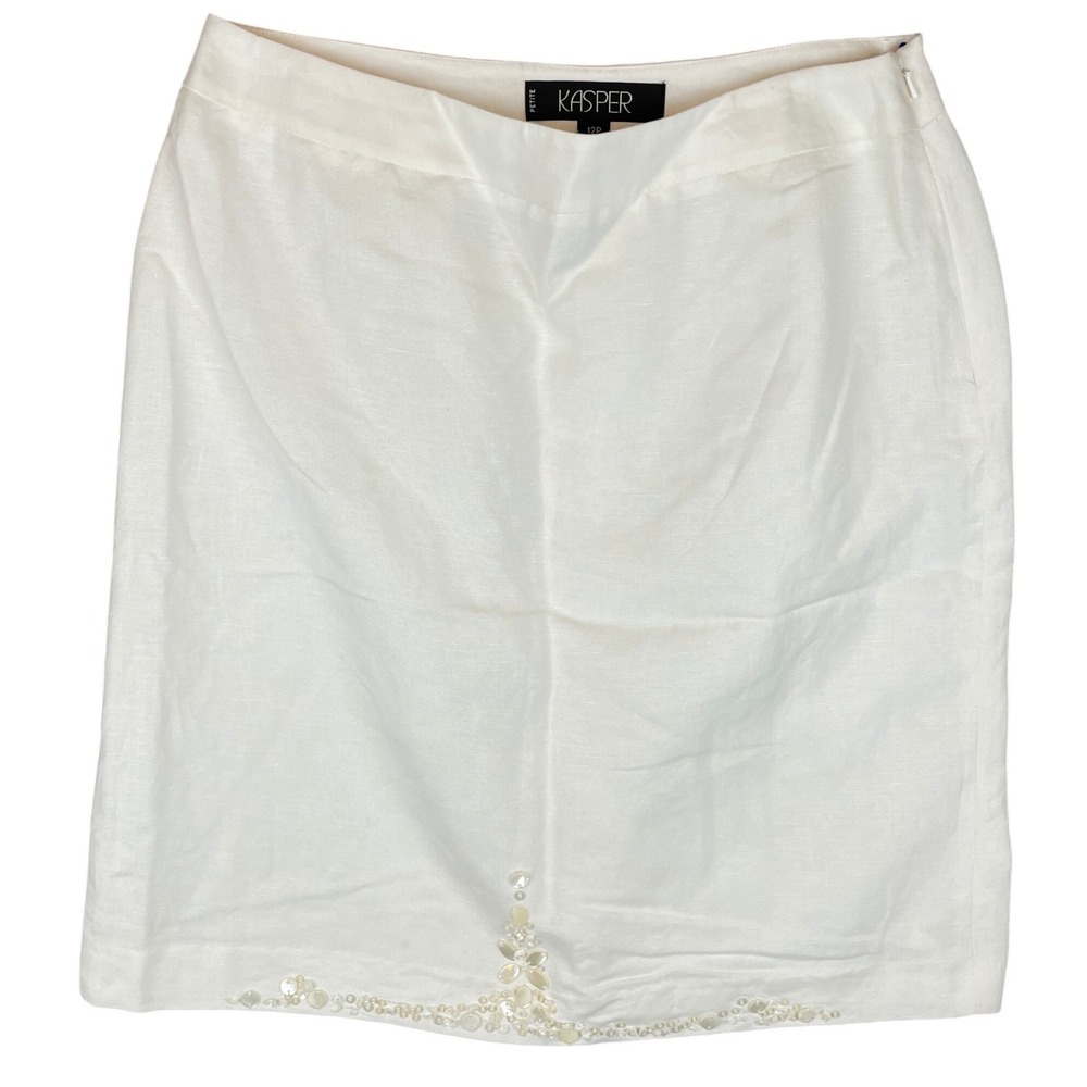 Kasper Petite White Linen Blend‎ Beaded Accent Pencil Skirt Size 12P